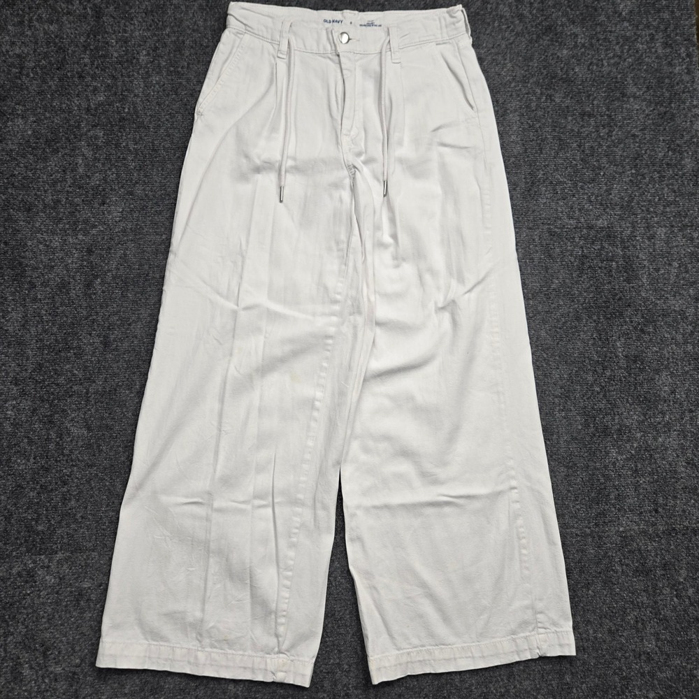 Old Navy High-Rise Drapey Drawcord Wide Leg Pants White Cotton Womens Size 0